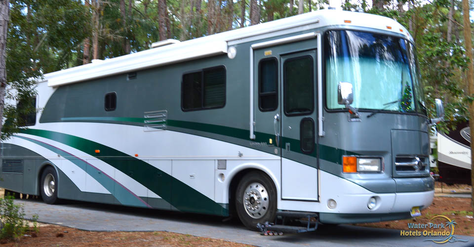 Class A RV parked at one of the Full Hook-up campsites at the Fort Wilderness Campground 960