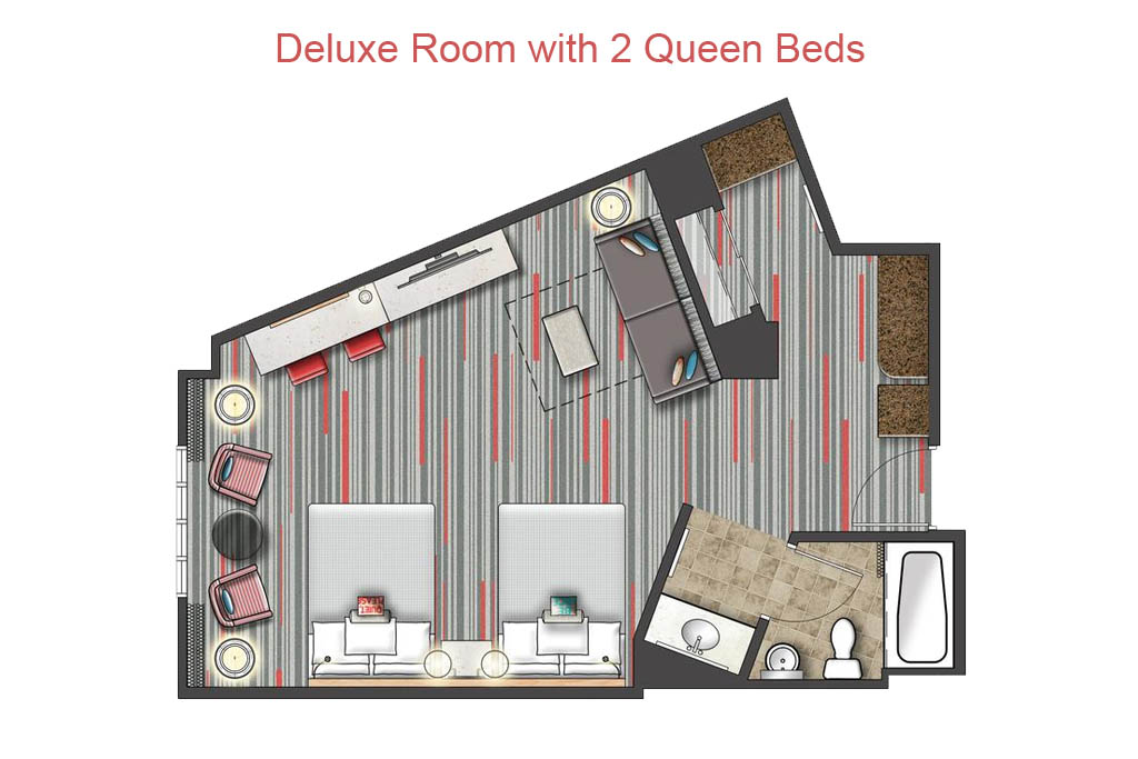 Floorplan of the Deluxe Room with 2 Queens at the Hard Rock Hotel in Orlalndo 1024