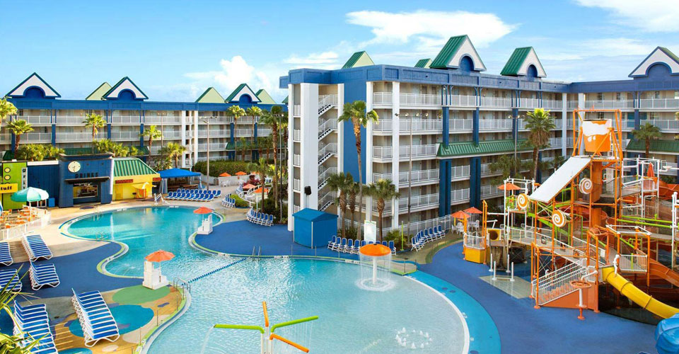 Large Outdoor Kids Water Park zone with zero entry pool and water slides at the Holiday Inn Resort Orlando Suites Water Park 960