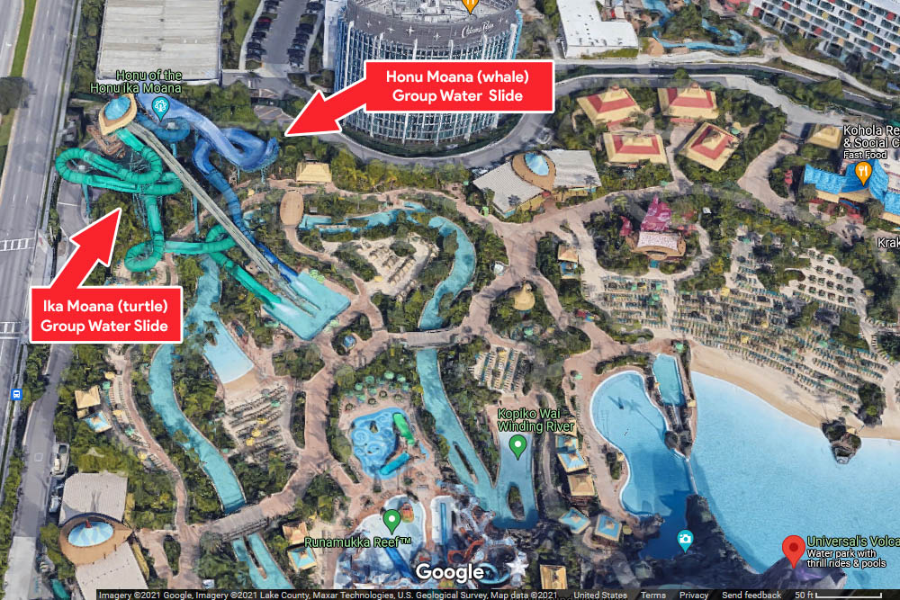 Honu Ika Moana group water slides map with signs and location at the Volcano Bay Water Park Orlando