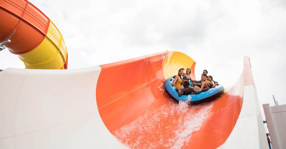 Dropping down the last hill before splash down at the Profile Plunge water slide at the Island H2O Live Water Park in Orlando 960