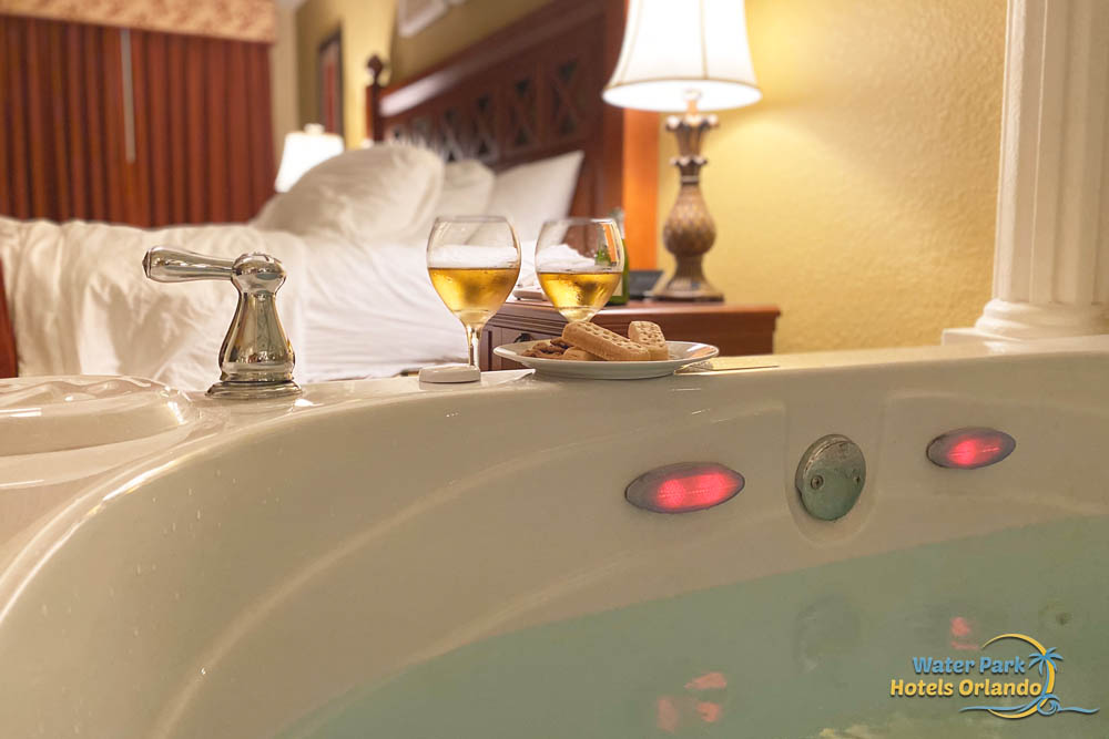 a jetted tub filled with hot, steamy water inside of the one bedroom deluxe villa at Westgate Lakes Spa and Resort Kissimmee, Florida