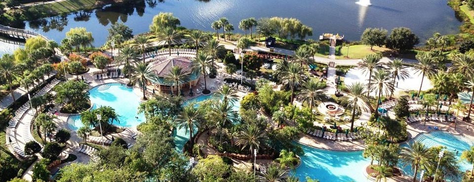 View of the JW Marriott Grande Lakes Orlando Water Fun Pool with huge Lazy River overlooking the large lake 960