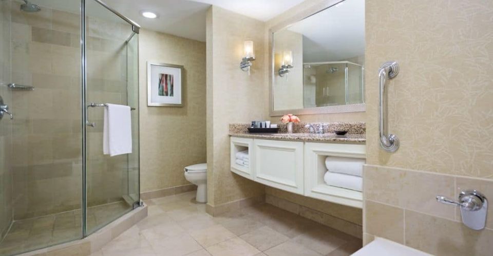 Marble Bathroom with separate shower in a Deluxe Bedroom at JW Marriott in Orlando 960