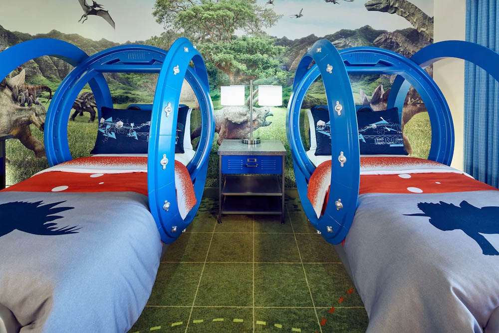 Kids Gyrosphere Twin Beds in the  Jurassic Suite kids room at Universal Orlando Royal Pacific Resort