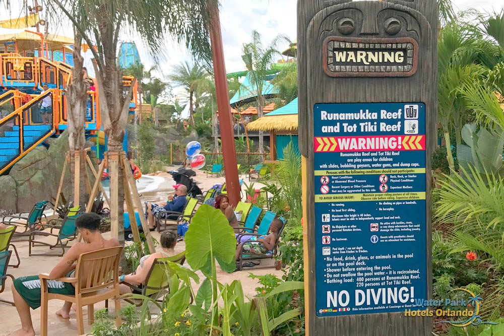 Kids splash area, Runamukka Reef, Tot Tiki warning sign at Volcano Bay Water Park in Orlando 1000