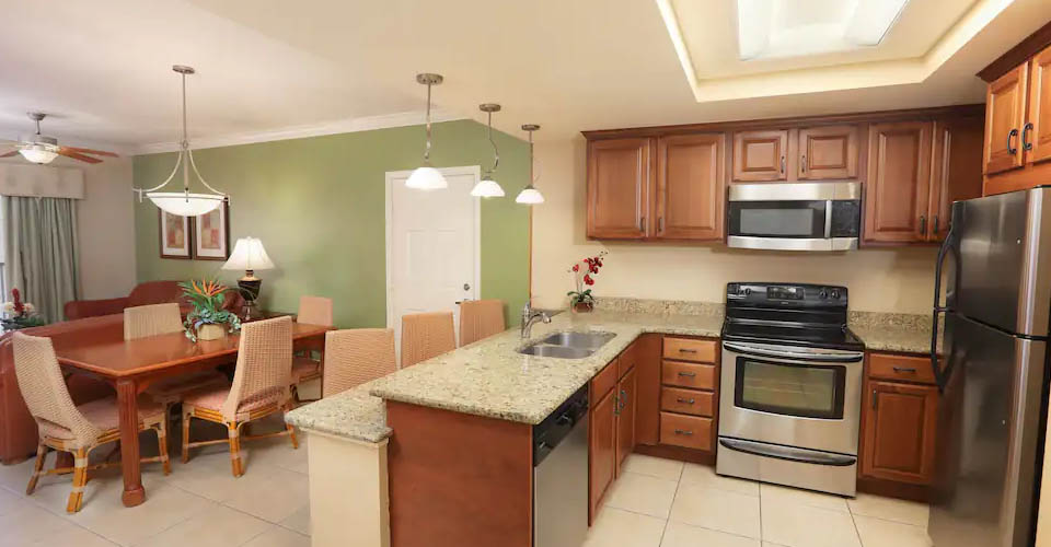 Overview of the Kitchen Dining Room and Living Room in the One Bedroom Deluxe Villa at the Marketplace at the Westgate Lakes Resort Orlando 960