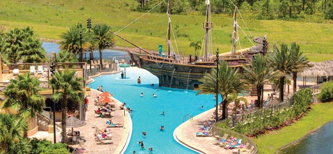 Far away view of the Family Pool and Water Slide Pirate Ship at the Lake Buena Vista Village Resort