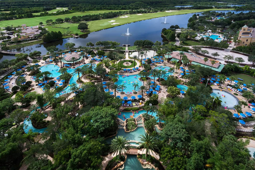 Lazy river with pools and coves from above at the JW Marriott Orlando Grande Lakes Water Park 1000