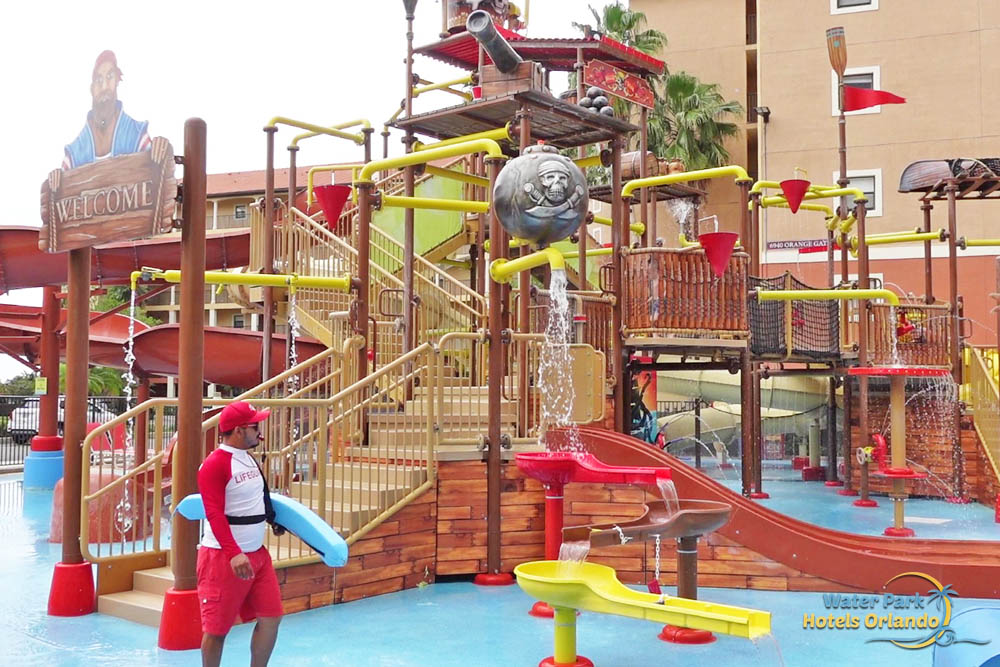 The pirate-themed splash park with slides, raining water, and life guard at Westgate Lakes Resort and Spa Orlando, Florida.