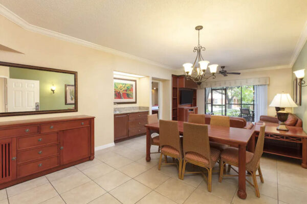 Full view of the dining and living area in the 2 Bedroom Villa at the Marketplace at the Westgate Lakes Resort Orlando 1000