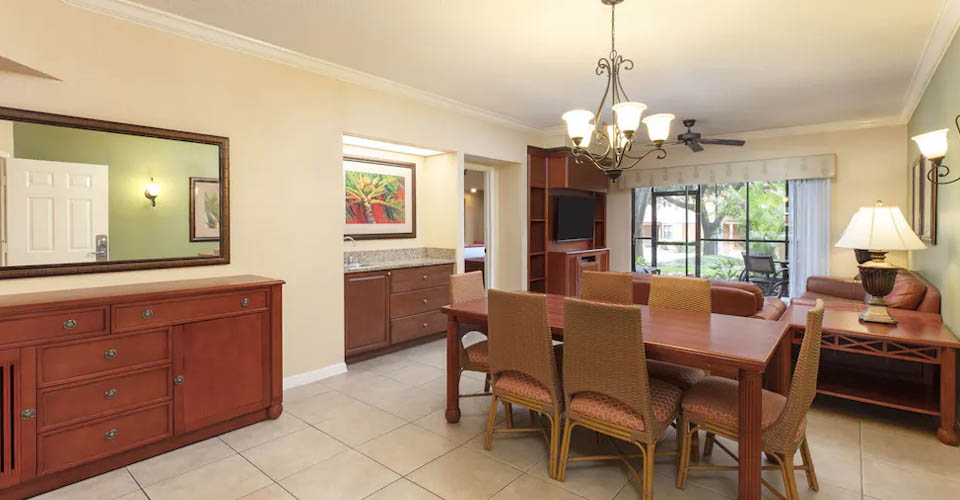 Full view of the dining and living area in the 2 Bedroom Villa at the Marketplace at the Westgate Lakes Resort Orlando 960