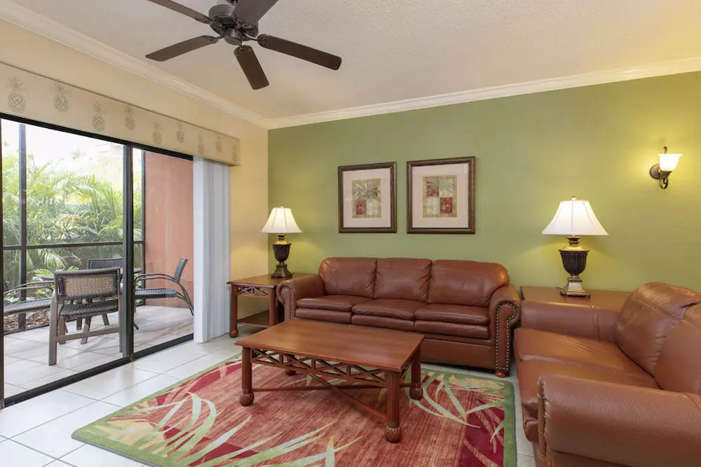 Living room with sleeper sofa in the 2 Bedroom Villa at the Marketplace at the Westgate Lakes Resort Orlando 1000