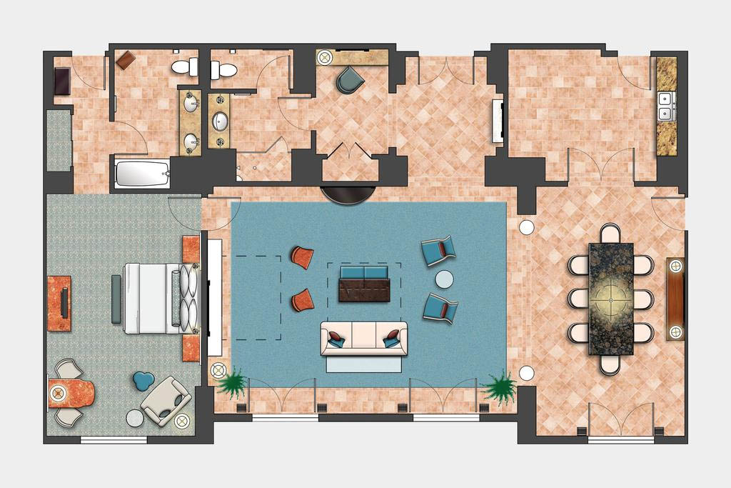 Floorplan of the 1 Bedroom Hospitality Suite at the Loews Portofino Bay Resort in Orlando 