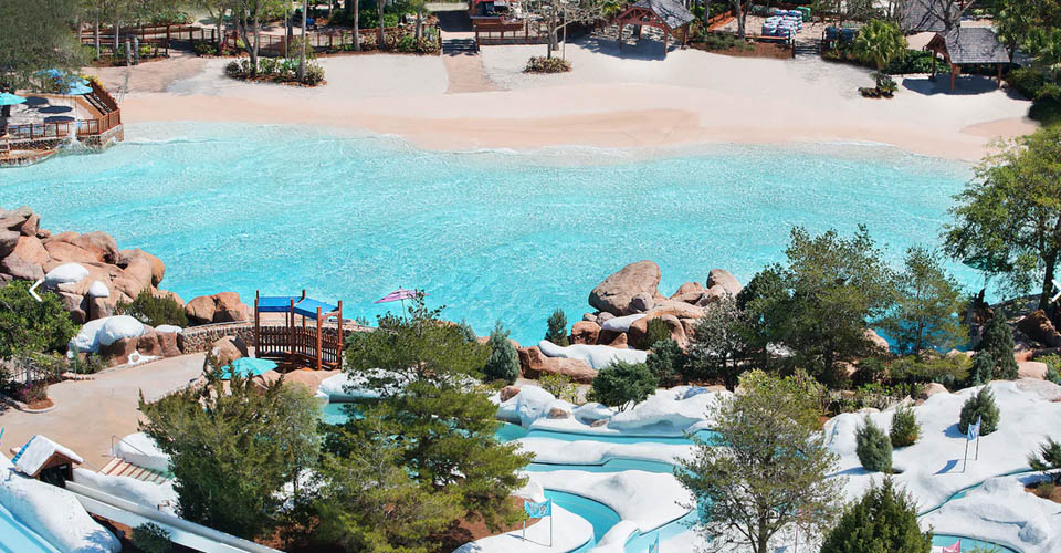 looking from above at the Beach leading to the kid's wave pool Melt-away-bay at Blizzard Beach Water Park in Orlando 960