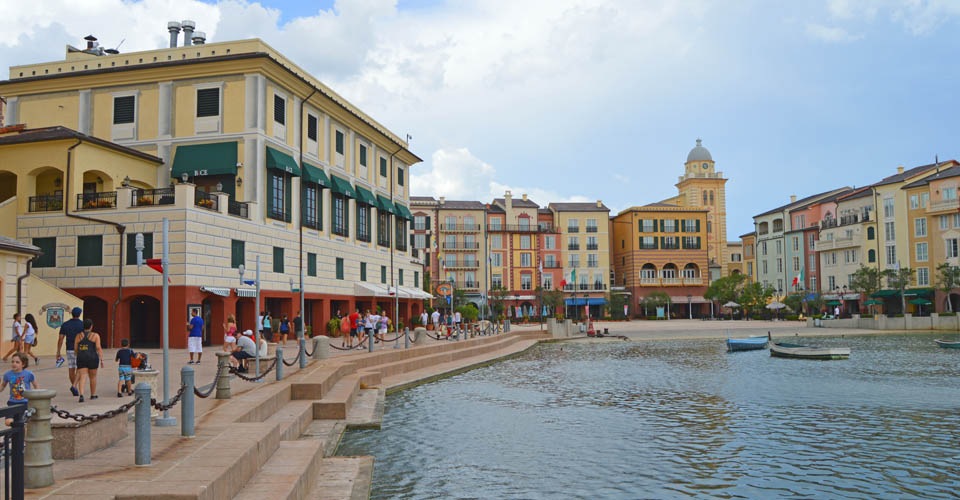Bay with boats and people on the walkway at the Loews Portofino Bay Hotel in Orlando 960