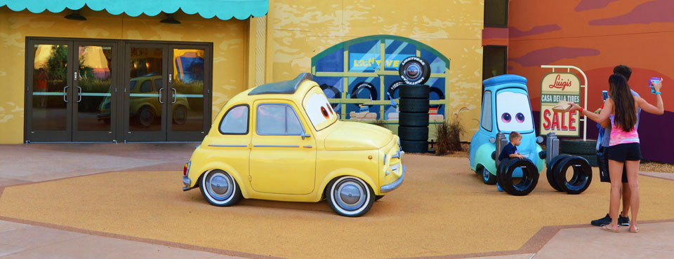 View of Luigi Repair shop at the Cars section at the Art of Animation Resort in Disney World Orlando