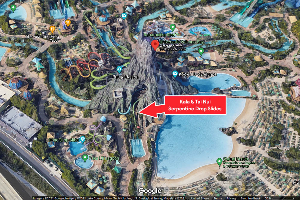 Map Location of Kala & Tai Nui Drop Slide t the Univeral Volcano Bay Water Park 1000