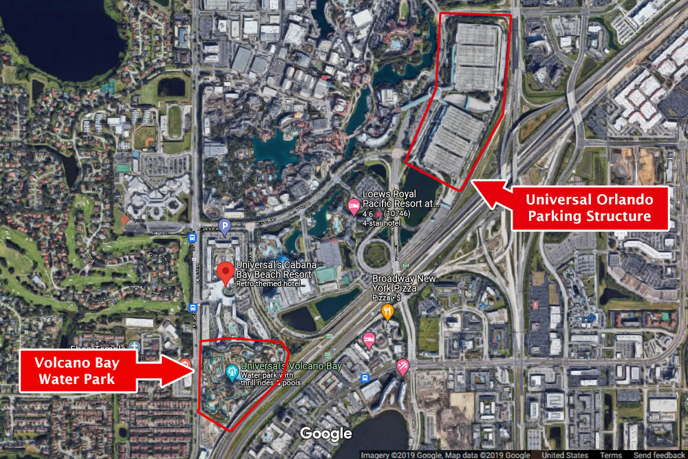 Map showing Universal Orlando Parking garage in relation to Volcano Bay Water Park 1000