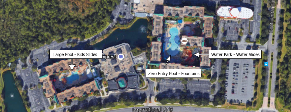 Map overview of the Lagoon and Oasis Pools at the Holiday Inn Resort Orlando Suites Water Park