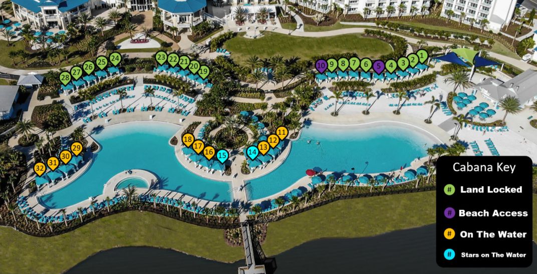 Cabana locations at the Fins Up Beach Club Pool at the Margaritaville Resort in Orlando