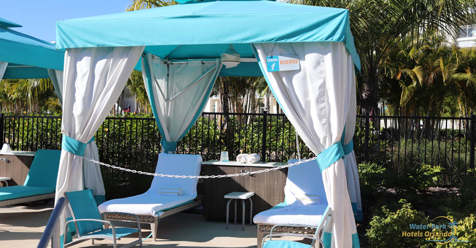 Front view of a cabana at the Fins Up Beach Club Pool at the Margaritavilla Resort in Orlando 960