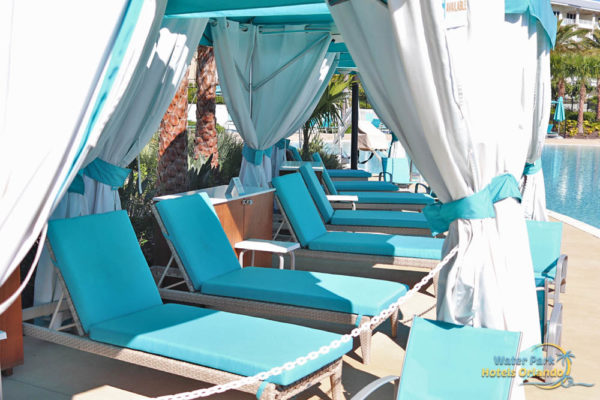 Side view of the Cabanas at the Fins Up Beach Club Pool at the Margaritavilla Resort in Orlando 1000