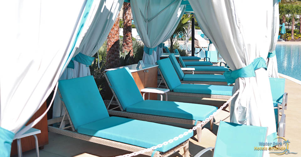 Side view of the Cabanas at the Fins Up Beach Club Pool at the Margaritavilla Resort in Orlando 960