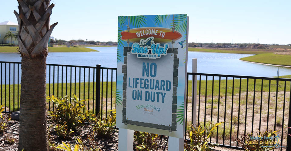 No Lifeguards Sign at the Fins Up Beach Club pool at the Margaritavilla Resort in Orlando 960
