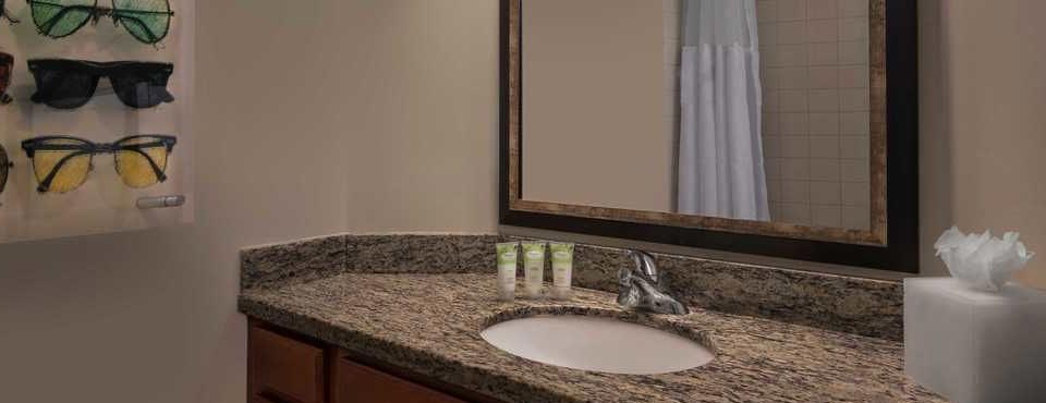 Bathrooms come with granite top sink and tub / shower unit at the Marriott Grande Resort in Orlando Fl