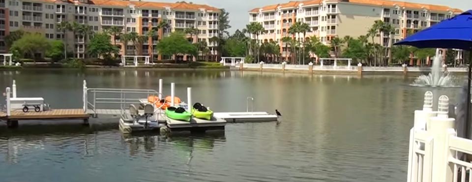 View of the Marina with Kayaks on the dock at the Marriott Grande Vista Resort in Orlando