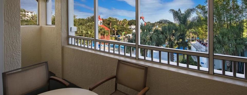 The large private Balcony at the Marriott Harbour Lake offer views of the Resort and Water Park in Orlando