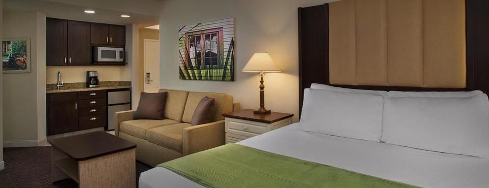 View of a Studio Style Room with King Bed and Kitchenette at the Marriott Harbour Lake Resort in Orlando Fl