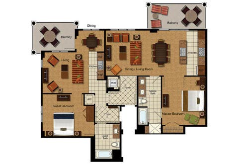 Floorplan of the 2 Bedroom Villa at the Marriott Lakeshore Reserve in Orlando