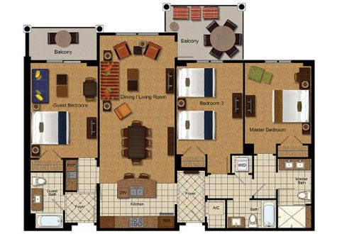 Floorplan of the 3 Bedroom Villa at the Marriott Lakeshore Reserve in Orlando Fl