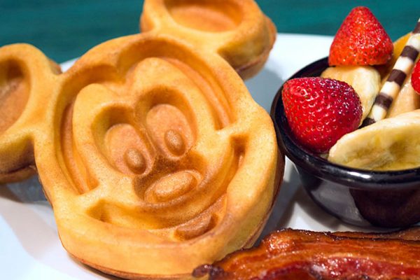 Mickey Waffle with cup of Fruit for breakfast on the Disney Dining Plan 1000