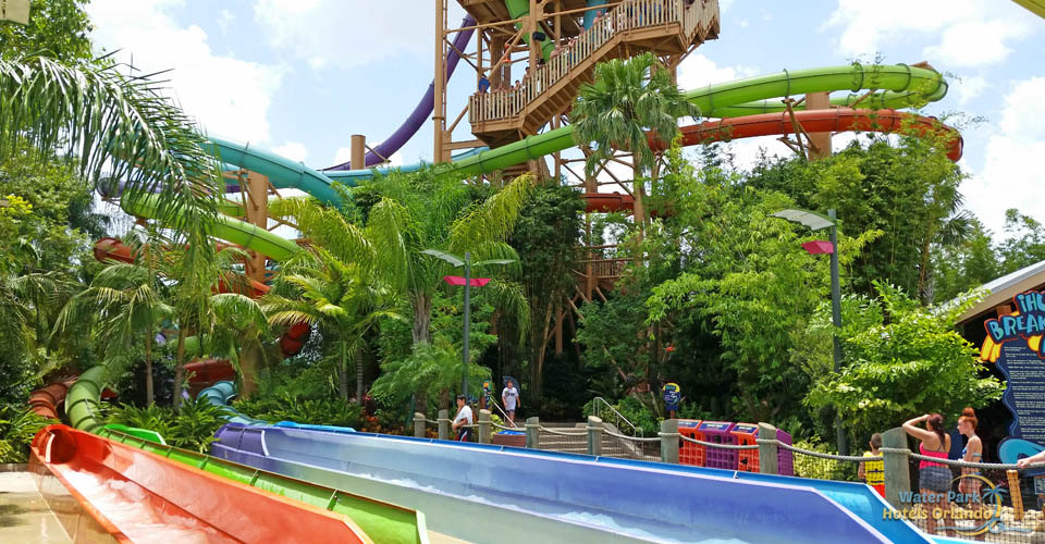 Multiple twisting colorful water slides at the Aquatica Water Park 960