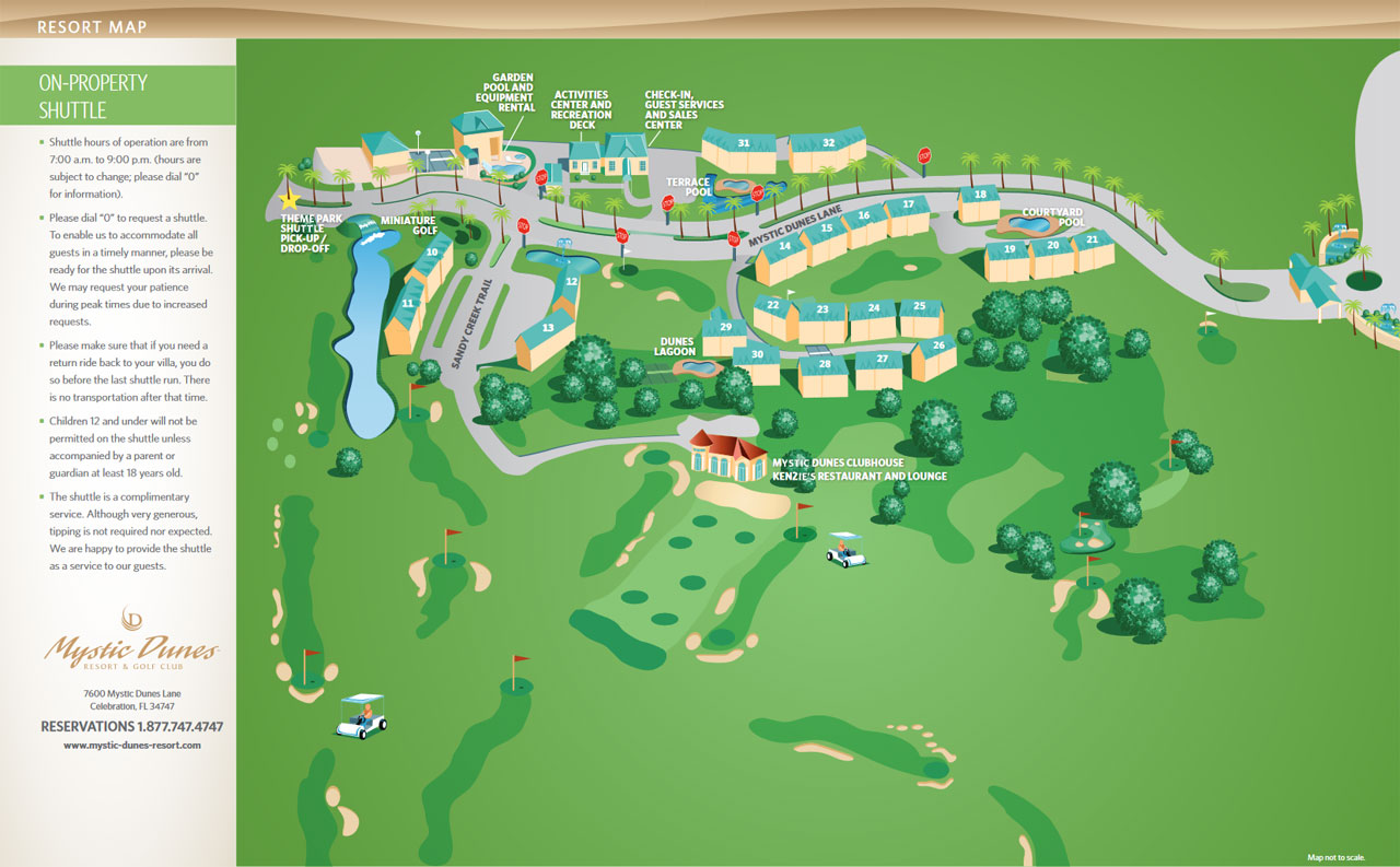 Overview and Map of the Mystic Dunes Resort in Kissimmee Fl Grounds, Water Park and Villas