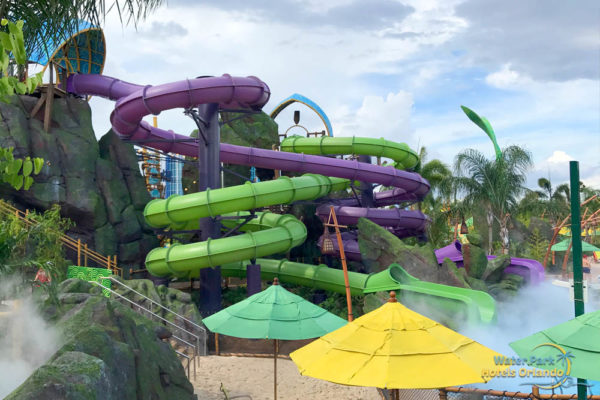 Ohno & Ohyah Drop Slides from the side at the Volcano Bay Water Park in Orlando 1000
