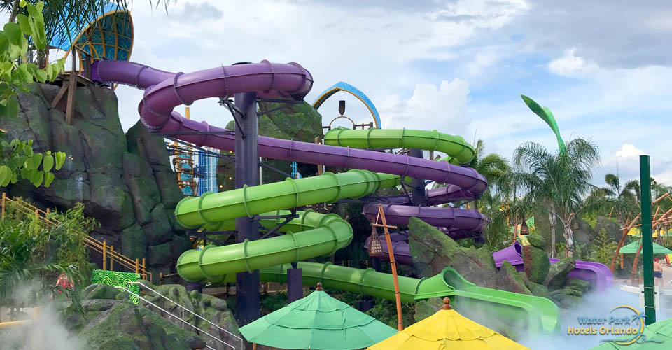 Ohno & Ohyah Drop Slides from the side at the Volcano Bay Water Park in Orlando 960