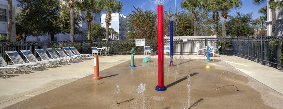 View of the Kids Sprinklers at the Outdoor Splash Pad at the Inn at Calypso Cay in Kissimmee Fl