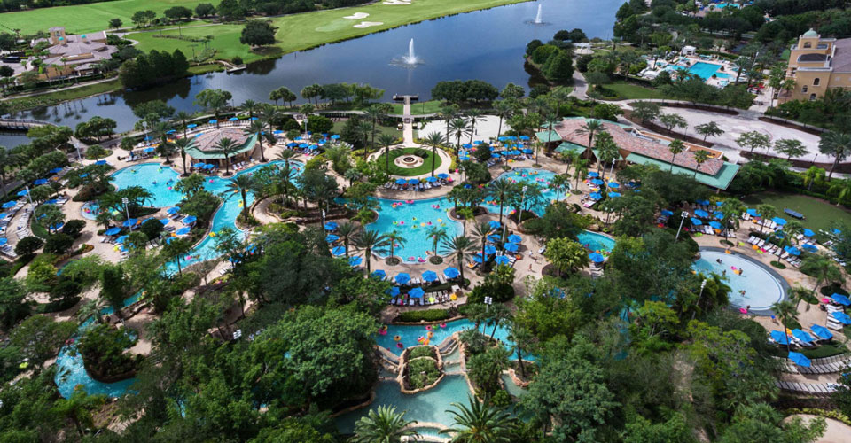 Aerial view of the Lazy River Hotels Orlando and water park complex at the JW Marriott in Orlando