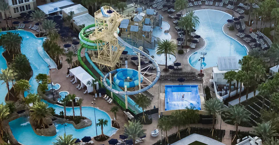 Overhead view of the Crystal River Rapids lazy river at the Gaylord Palms Water Park Hotels Orlando 960