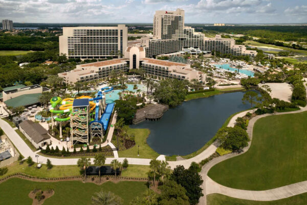 Overview of the River Falls Water Park and the Falls Pool at the Orlando Marriott World Center Resort 1000