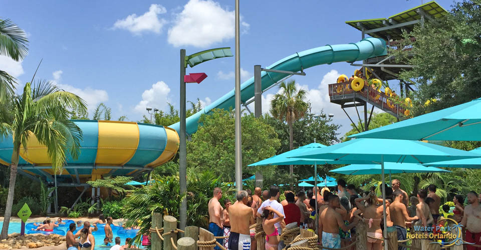 People in line for the Tassie Twister bowl water slide at Aquatica