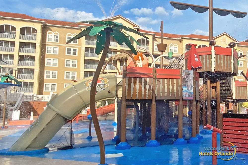 the hidden pirate's plunge drop slide up on the 2nd level of shipwreck island's water park on the kid's splash pad