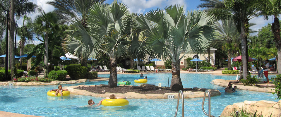 View of tubes floating down the lazy river at the Reunion Resort