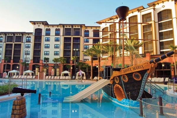 Sheraton Vistana Villages view of the pool and Pirate Ship kids play area with water slides 600