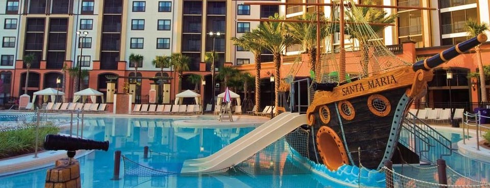 Sheraton Vistana Villages view of the pool and Pirate Ship kids play area with water slides 960