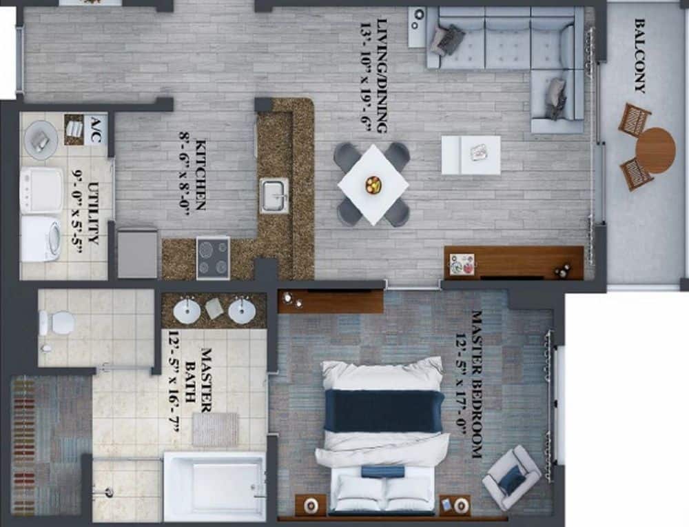 Floorplan of the 1 Bedroom 1 Bathroom Suite at the Grove Resort Orlando Fl